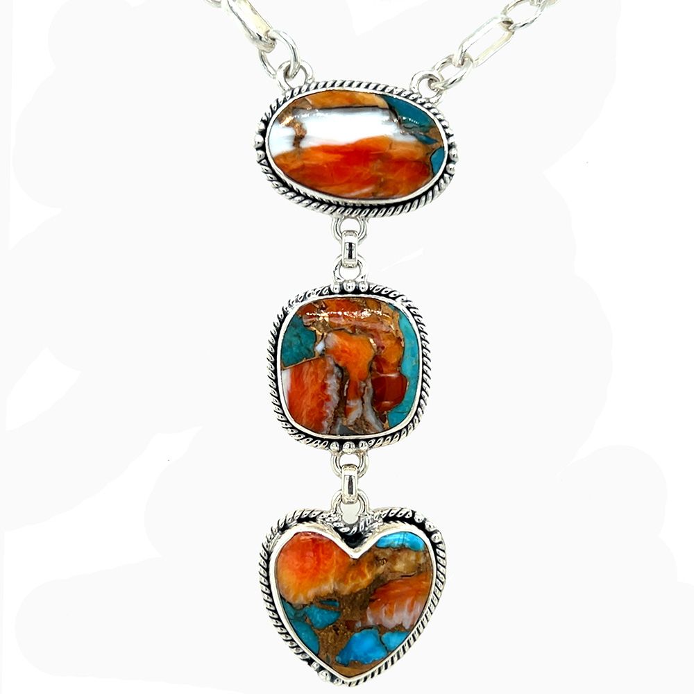 SILVER SPINY OYSTER &amp; TURQUOISE 3-SHAPES NECKLACE