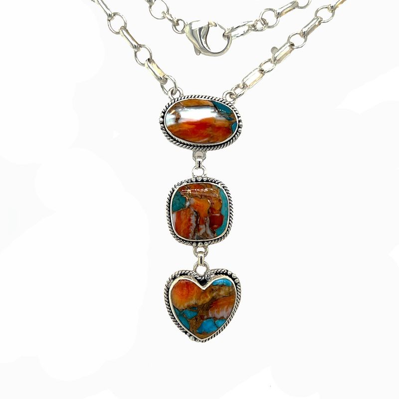 SILVER SPINY OYSTER &amp; TURQUOISE 3-SHAPES NECKLACE