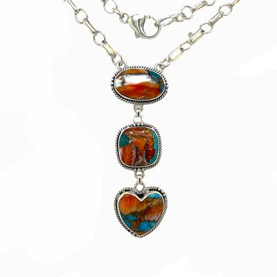 SILVER SPINY OYSTER &amp; TURQUOISE 3-SHAPES NECKLACE