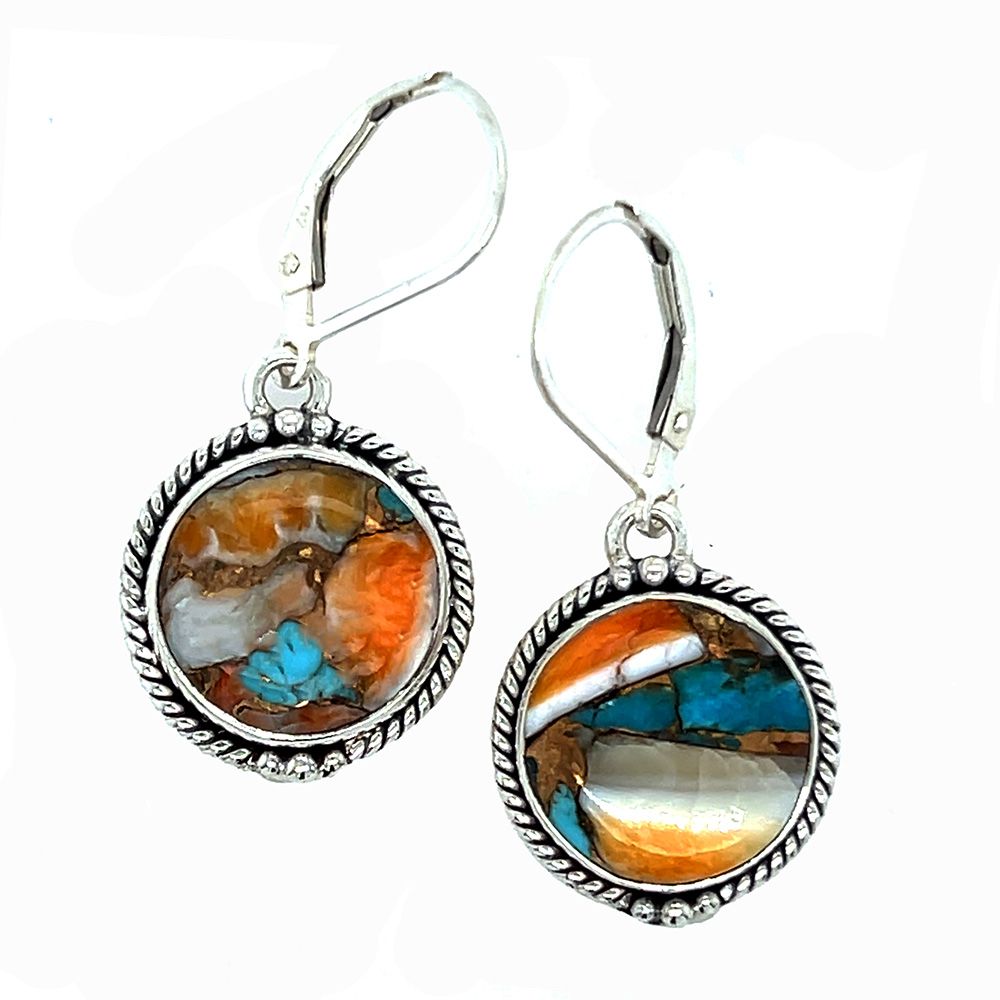 SILVER SPINY OYSTER &amp; TURQUOISE ROUND EARRINGS
