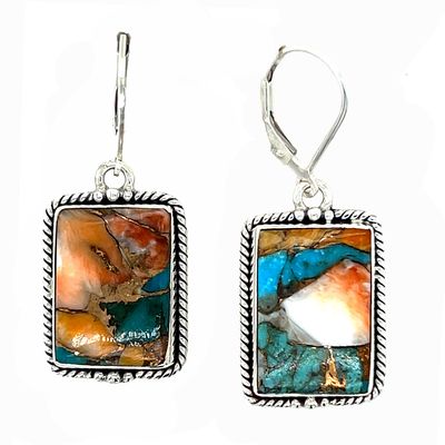 SILVER SPINY OYSTER &amp; TURQUOISE RECTANGLE EARRINGS