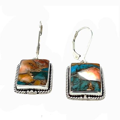 SILVER SPINY OYSTER &amp; TURQUOISE RECTANGLE EARRINGS
