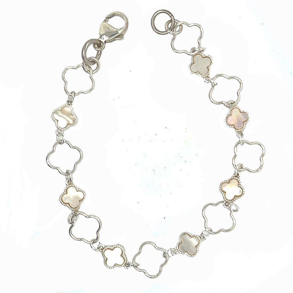 SILVER CUT-OUT &amp; SHELL CLOVER LINK BRACELET
