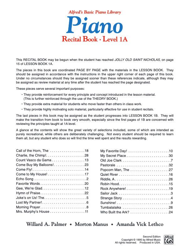 Alfred's Basic Piano Library - Recital, Book 1A *