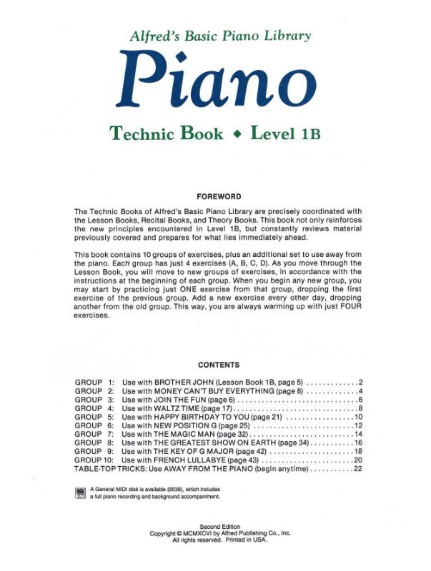 Alfred's Basic Piano Library - Technic, Book 1B *