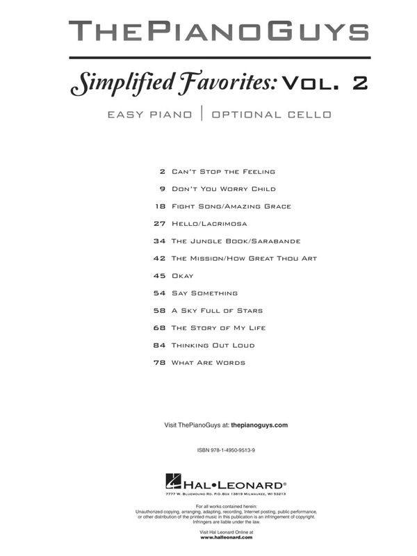 Piano Guys - Simplified Favorites, Volume 2 - Easy Piano | Cello