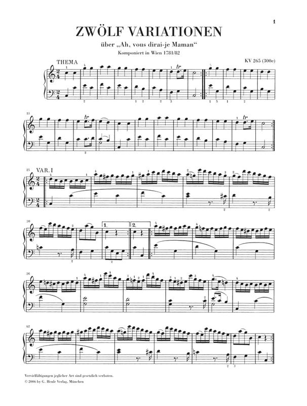 Mozart - 12 Variations on “Ah Vous Dirai-Je, Maman” K265 (Henle) - “Twinkle, Twinkle, Little Star”