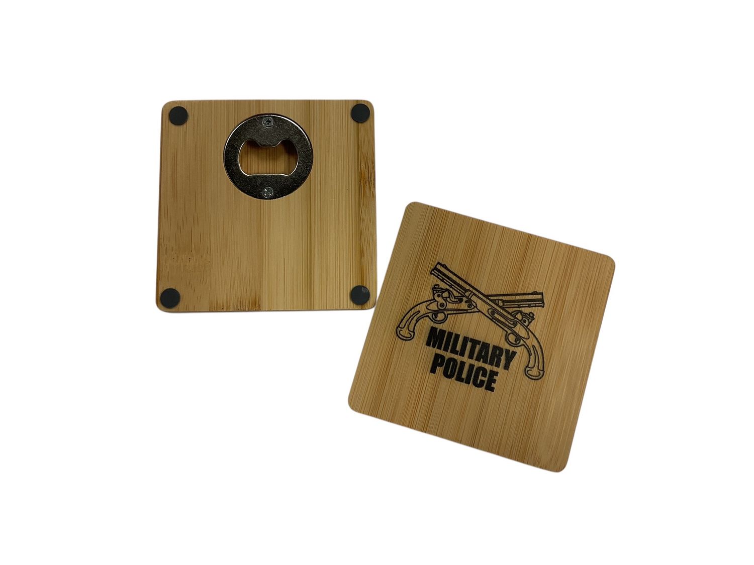 Crossed Pistols Bamboo Coaster with Concealed Bottle Opener