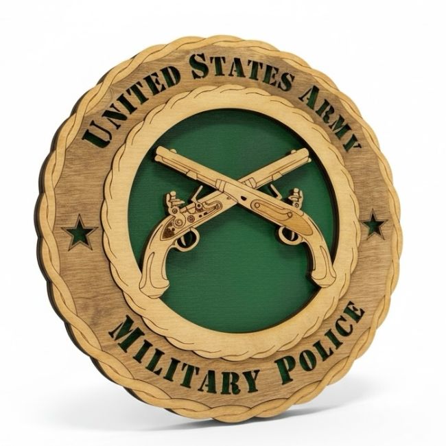 Custom Laser Accents Military Police Crossed Pistols Wooden Art
