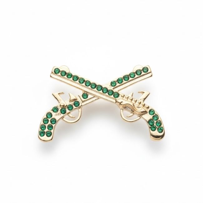 Crossed Pistols Pin - Gold w/ Green Rhinestones