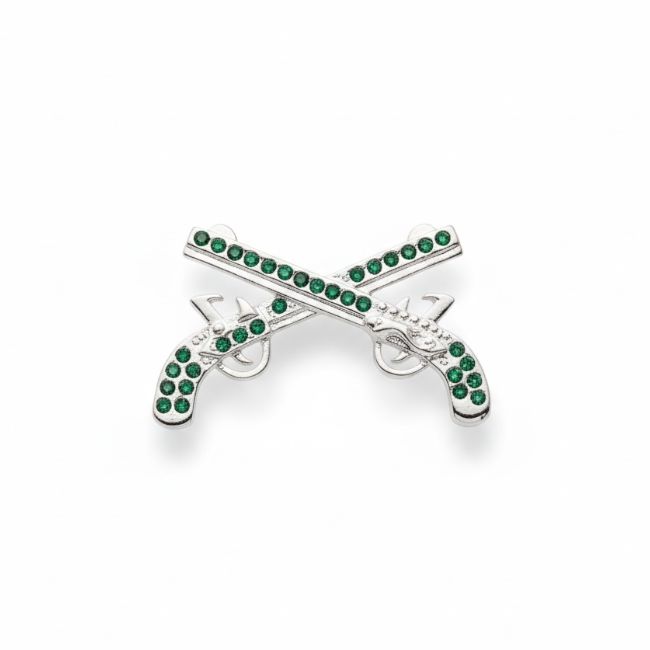 Crossed Pistols Pin - Silver w/ Green Rhinestones