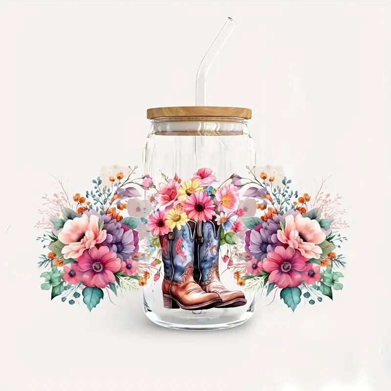 Uv Dtf Transfer boots flowers Design Libbey Glass Cups Diy Wrap Transfer