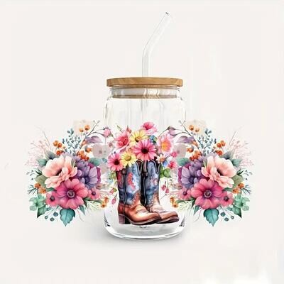 Uv Dtf Transfer boots flowers Design Libbey Glass Cups Diy Wrap Transfer