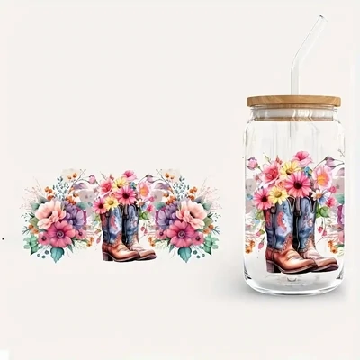 Uv Dtf Transfer boots flowers Design Libbey Glass Cups Diy Wrap Transfer