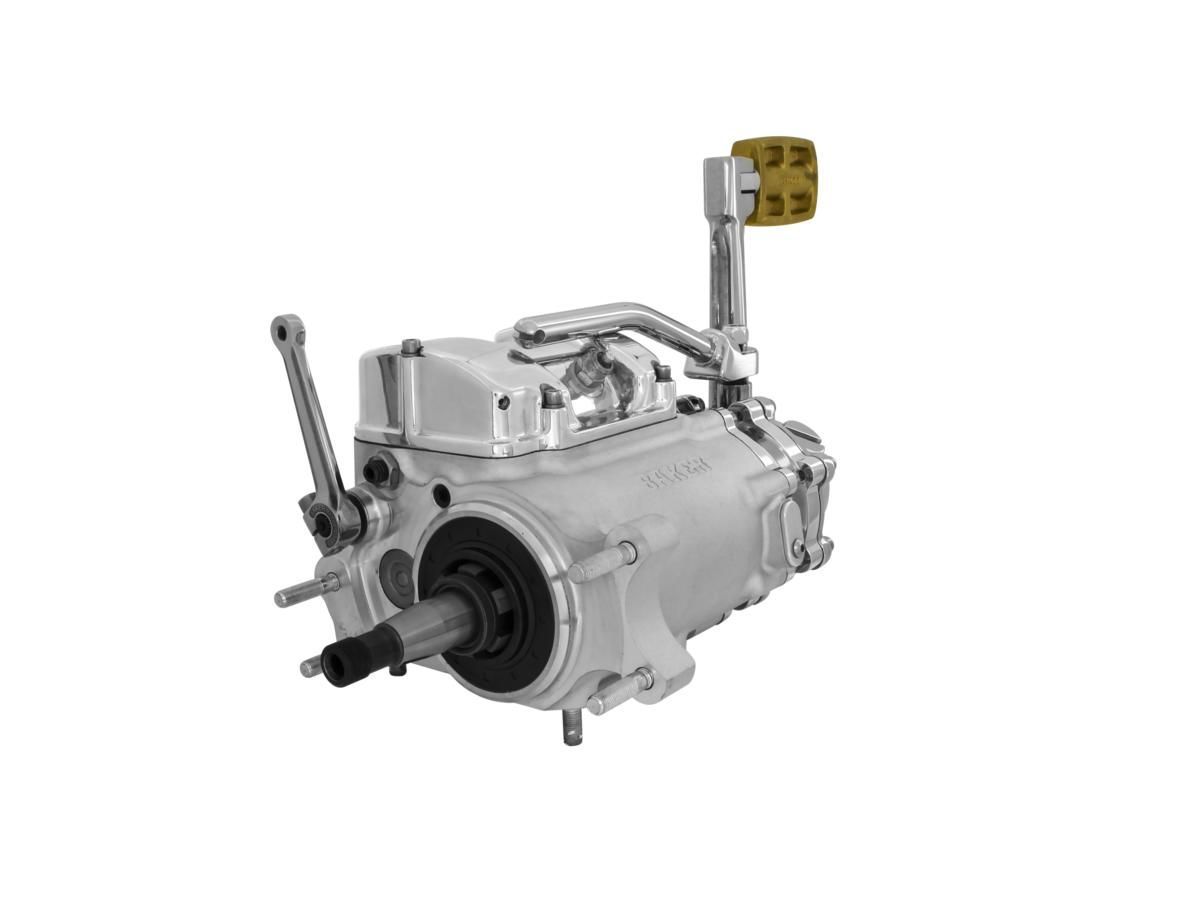 BAKER 6-into-4 70-Early 84 Complete Transmission with Ear, Standard Shift Pattern RAW Case, Mechanical Kicker Cover, Bearing Doors and Top Covers Aluminium Polished Cable Clutch