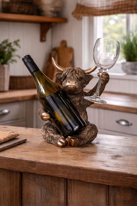 Highland Cow Wine Bottle & Glass Holder Bronze Resin Ornament 27cm Gift