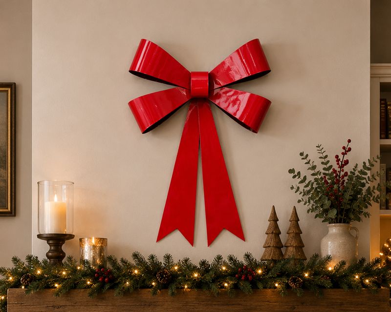 Large Red Metal Christmas Bow Wall Door Decoration Festive Xmas Decor
