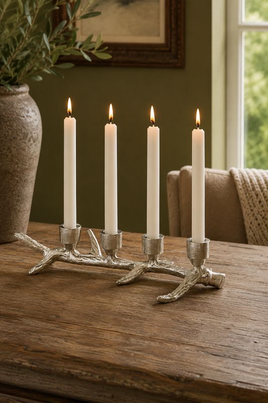 Silver Antler 4 Dinner Candle Holder 32cm Stag Horn Table Centrepiece
