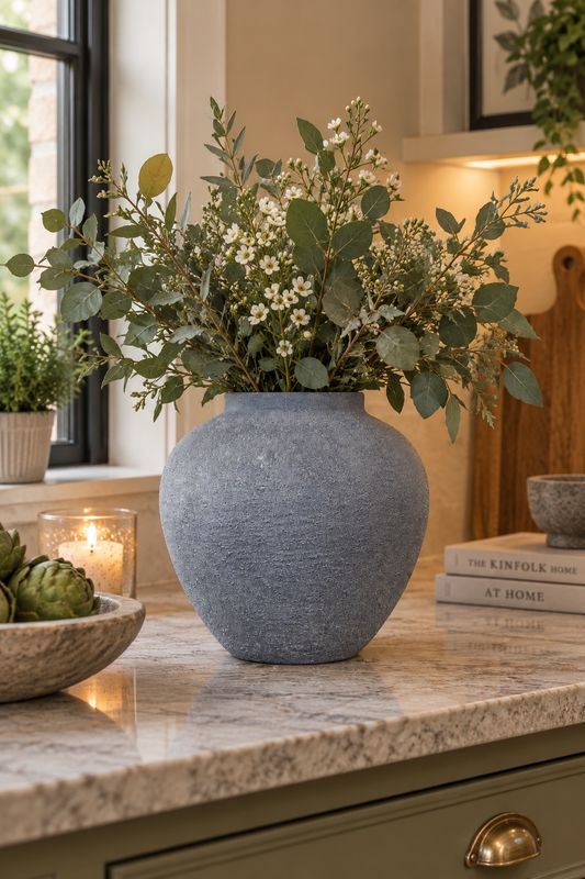 Large Grey Textured Metal Vase 28cm Rustic Stone Effect Decorative Flower Vase