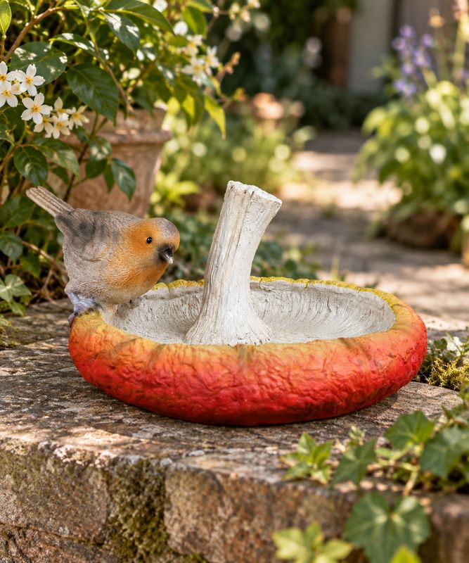 Robin Mushroom Bird Feeder 24cm Resin Toadstool Bird Bath Garden Ornament