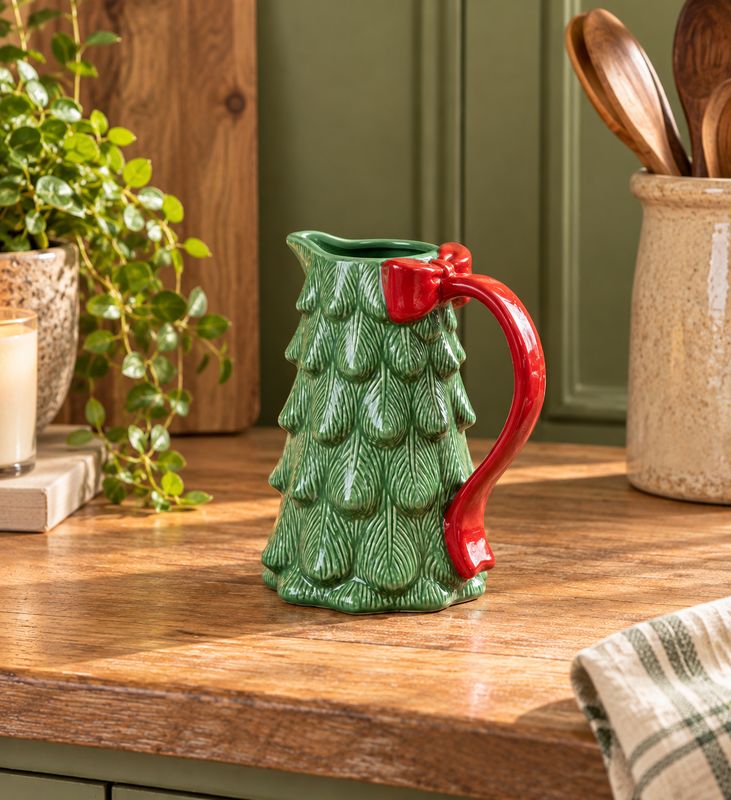 Christmas Tree Ceramic Jug Green Red Bow Festive Xmas Table Decoration 20cm