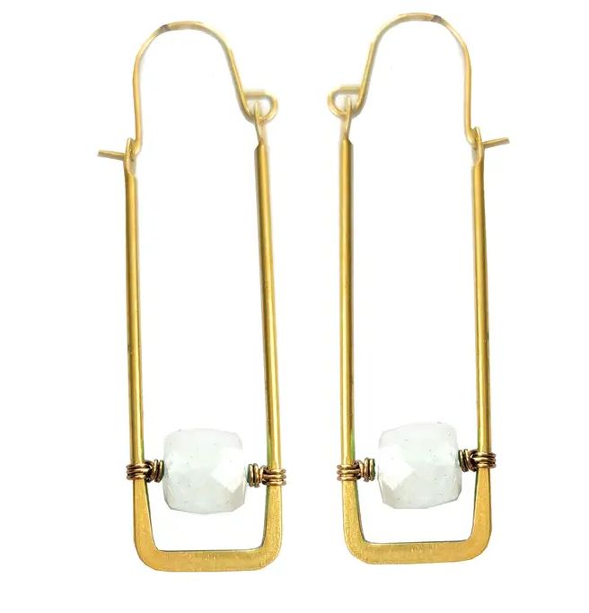 Rainbow Moonstone Rectangle Hoop Earring