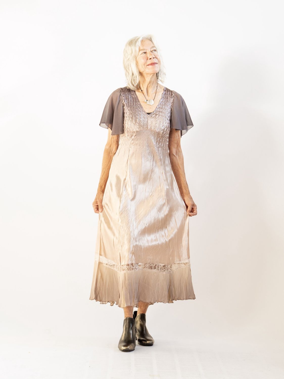 Flutter Sleeve Charmeuse Dress