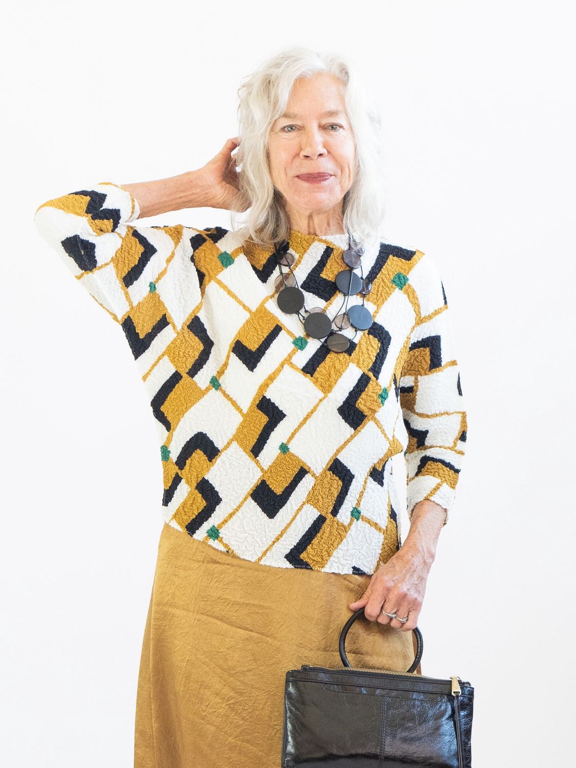Geometric Round Neck Top, Color: Cream/Mustard, Size: One Size