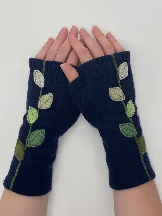 Fingerless Cashmere Leaf Glove, Color: Navy, Size: One size