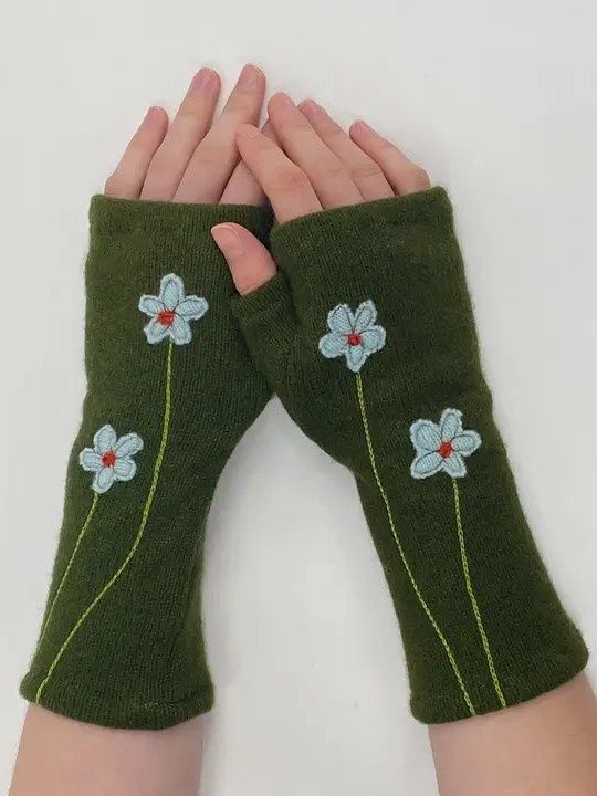 Fingerless Cashmere Wildflower Gloves (multiple colors), Color: Blue/Olive, Size: One Size