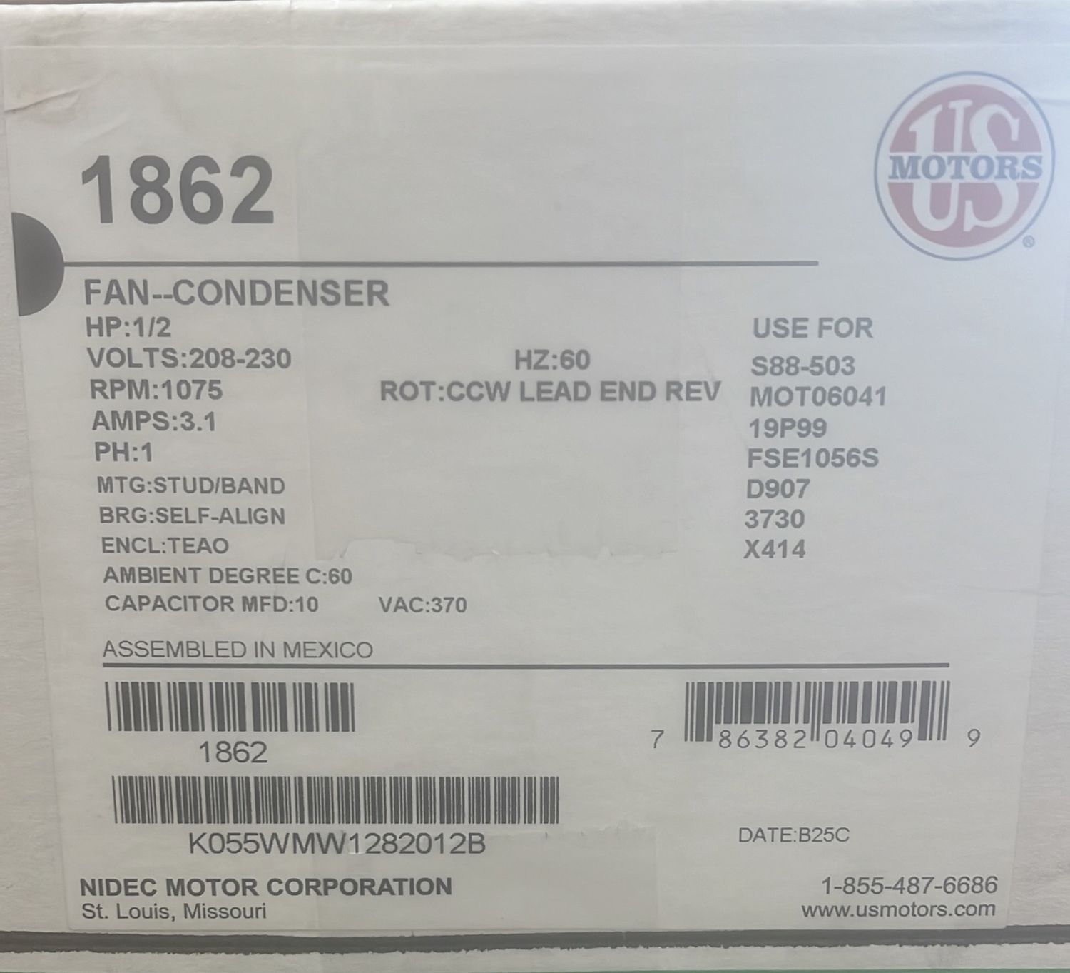 1862 Cond Motor 1/2HP 1075 230V 1SP