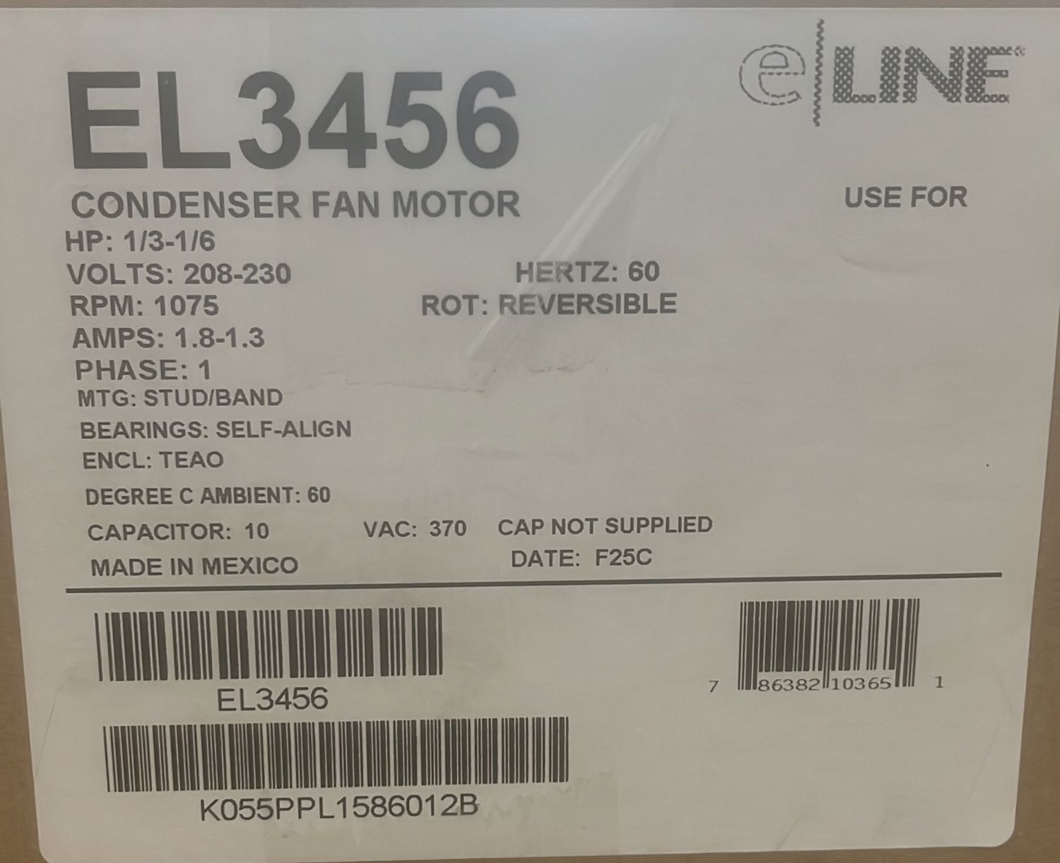 EL 3456 Cond Motor 1/3-1/6HP 1075 208-230 1SP