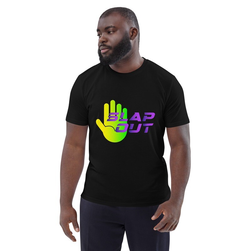 "Slap Out" Unisex Organic Cotton T-Shirt - Neon Green & Purple