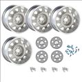 17 X 9 cast aluminum Mopar Rallye wheel kit with 5" Backspacing or Zero Offset and 4.5 bolt pattern. Silver powder coated with machined lip. Includes 4 wheels, 4 light argent center caps, 20 retaining
