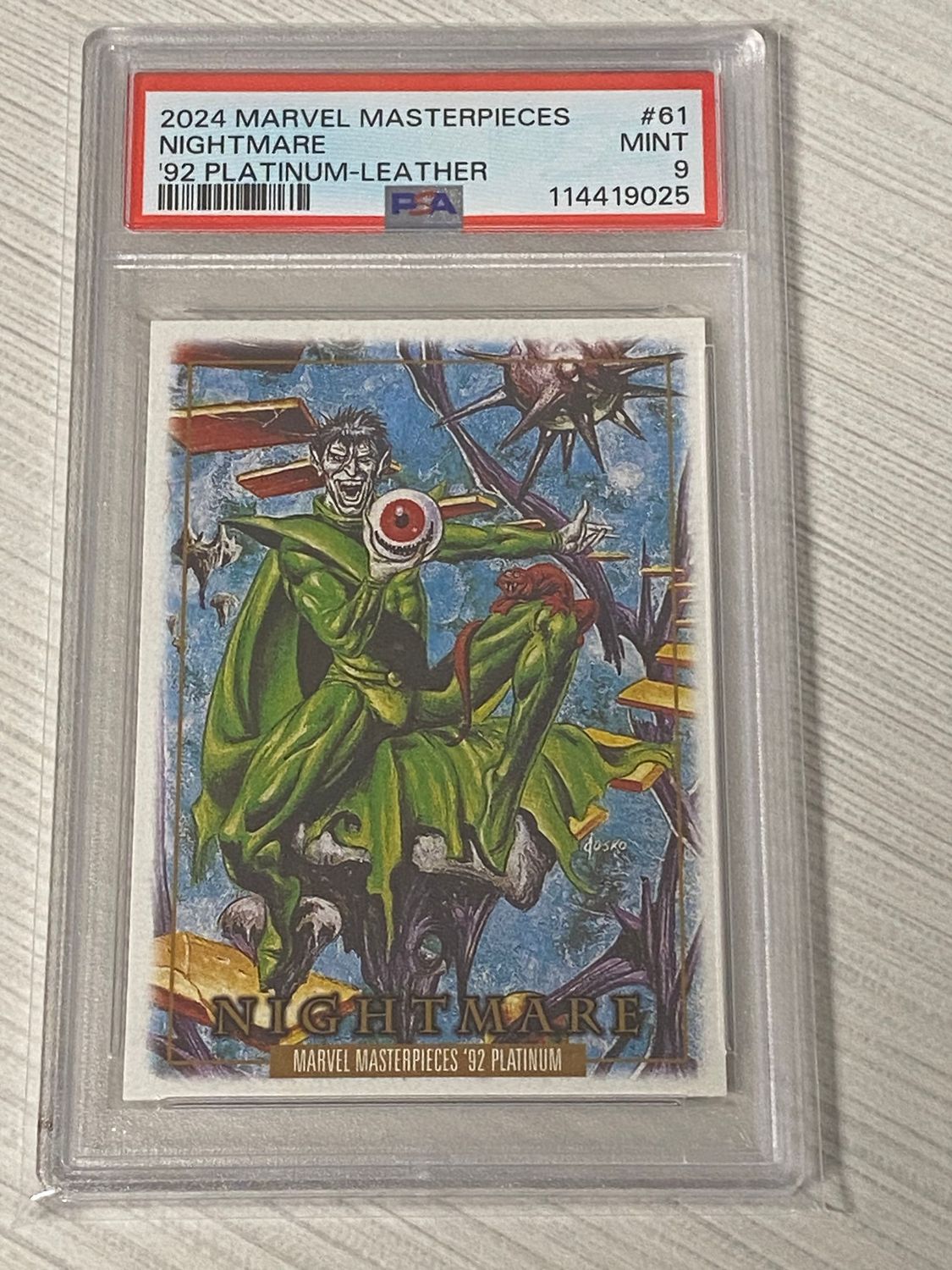 2024 Marvel Masterpieces Nightmare '92 Platinum-Leather #61 PSA Mint 9 Graded Card