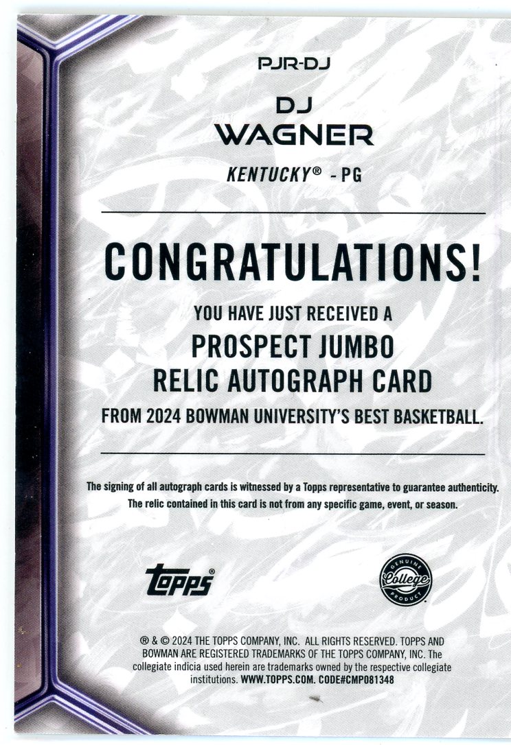2023-24 Bowman U Best DJ Wagner Jersey Auto Relic Kentucky Wildcats SP