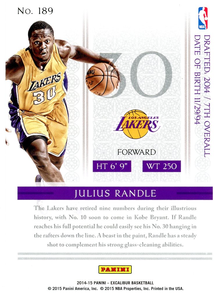 2014-15 Panini Excalibur Julius Randle Rookie RC #189 Los Angeles Lakers 1/1