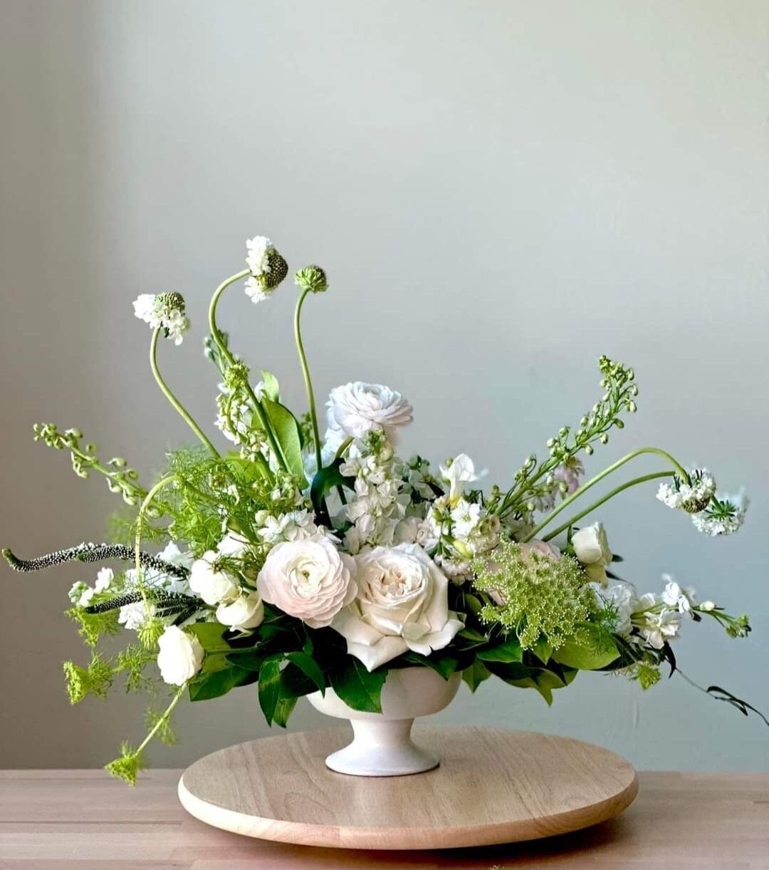 Ethereal Elegance: White & Green Garden Style Compote Arrangement