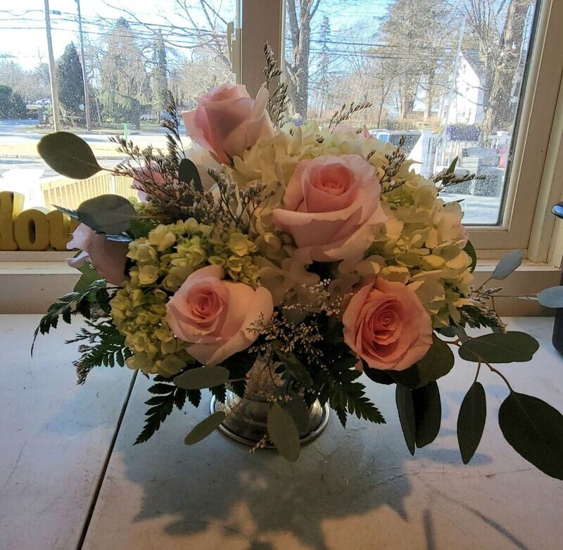 Blushing Elegance: Pink Roses and White Hydrangeas Compote Arrangement