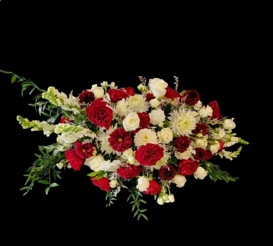 Forever Remembered: Red and White Casket Funeral Spray