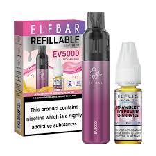 Elf Bar EV5000 – Refillable &amp; Rechargeable Pod Kit + 10ml ELFLIQ 20mg – Strawberry Raspberry Cherry Ice
