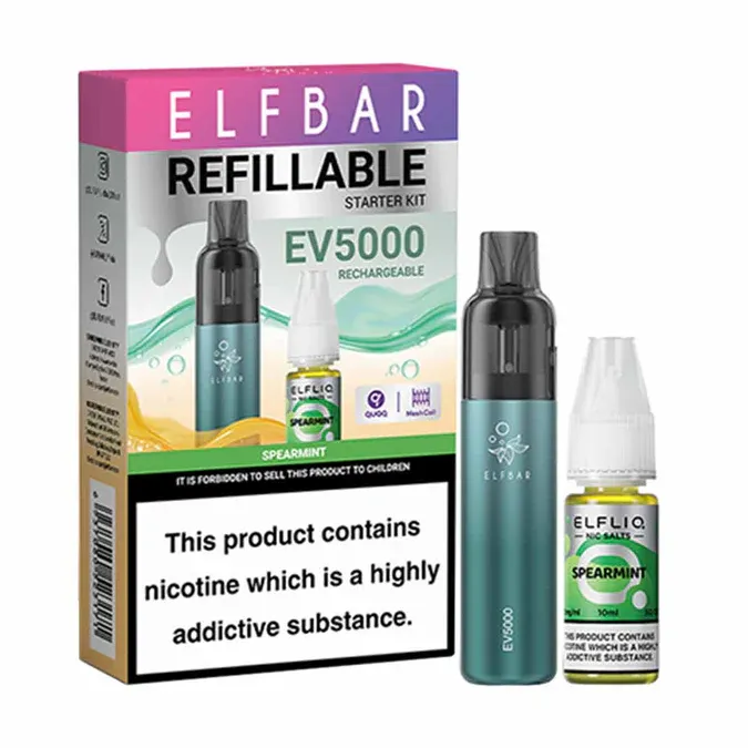 Elf Bar EV5000 – Refillable &amp; Rechargeable Pod Kit + 10ml ELFLIQ 20mg – Spearmint