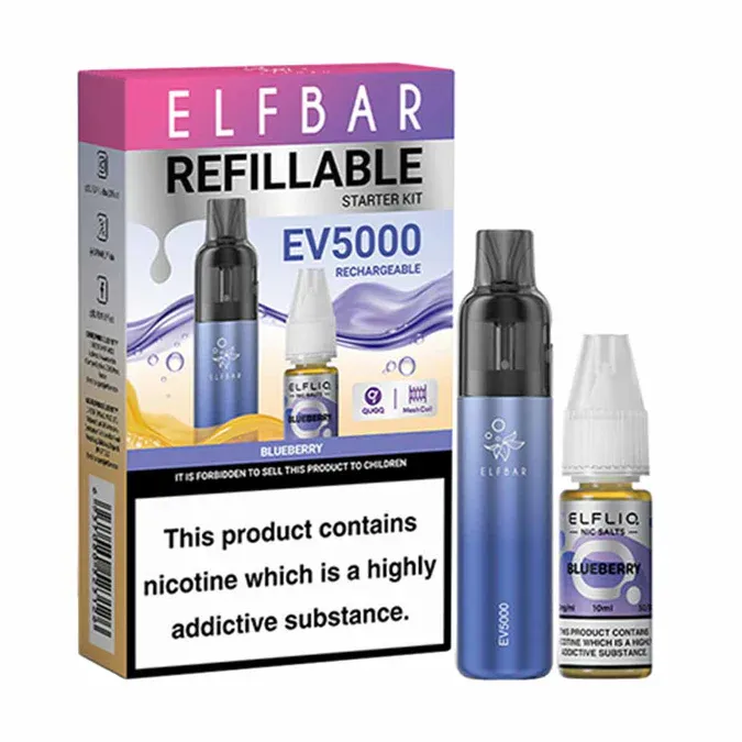 Elf Bar EV5000 – Refillable &amp; Rechargeable Pod Kit + 10ml ELFLIQ 20mg – Blueberry
