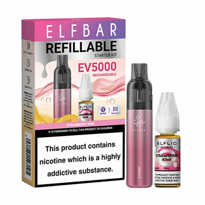 Elf Bar EV5000 – Refillable &amp; Rechargeable Pod Kit + 10ml ELFLIQ 20mg – Strawberry Kiwi