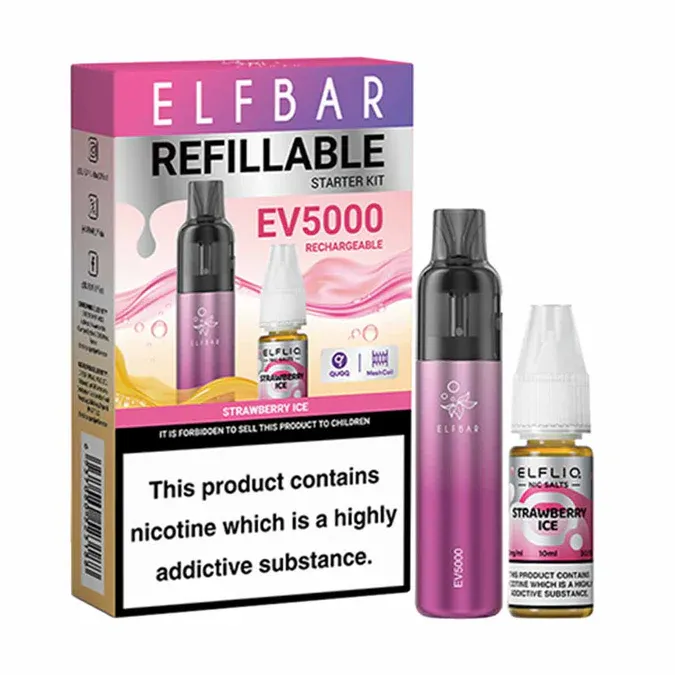 Elf Bar EV5000 – Refillable &amp; Rechargeable Pod Kit + 10ml ELFLIQ 20mg – Strawberry Ice