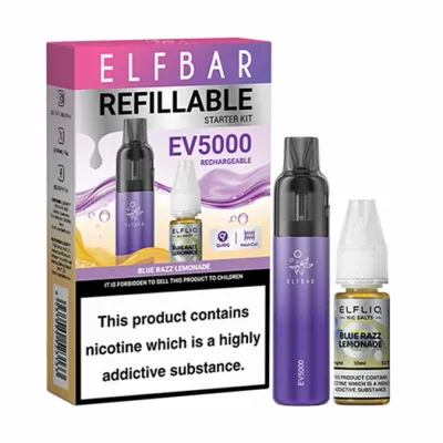 Elf Bar EV5000 – Refillable &amp; Rechargeable Pod Kit + 10ml ELFLIQ 20mg – Blue Razz Lemonade