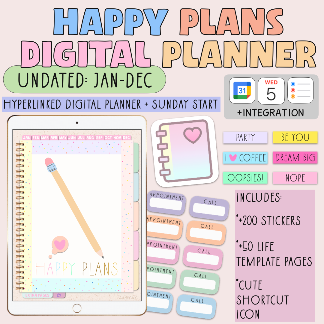 Undated Digital Planner. Stickers &amp; shortcut. Integrated with Apple Calendar &amp; Reminders, &amp; Google Calendar for iPads only.
