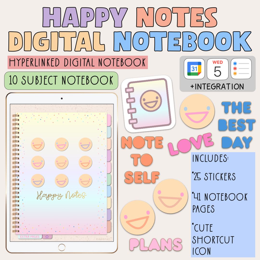 Digital Notebook with stickers, shortcut. Integrated: Apple Calendar, Reminders, &amp; Google Calendar. Integration is iPad only.