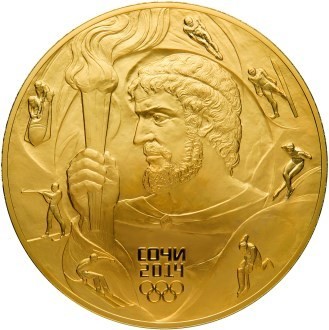 РФ. 2014. 10000 рублей. СПМД. XXII Олимпийские зимние игры и XI Паралимпийские зимние игры 2014 в Сочи. Прометей. 0.999 Золото. 32.1543 Oz., AGW., 1000 g. Proof-like. Mintage: 250 РФ. 2014. 10000 рублей. СПМД. XXII Олимпийские зимние игры и XI Паралимпийские зимние игры 2014 в Сочи. Прометей. 0.999 Золото. 32.1543 Oz., AGW., 1000 g. Proof-like. Mintage: 250