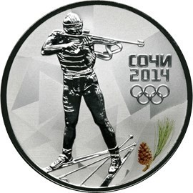 РФ. 2014. 3 рубля. СПМД. Серия: XXII Олимпийские зимние игры и XI Паралимпийские зимние игры 2014 года в г. Сочи. Биатлон. 0.925 Серебро 1.00 Oz, ASW., 33.94 g. PROOF. Mintage: 35,000 РФ. 2014. 3 рубля. СПМД. Серия: XXII Олимпийские зимние игры и XI Паралимпийские зимние игры 2014 года в г. Сочи. Биатлон. 0.925 Серебро 1.00 Oz, ASW., 33.94 g. PROOF. Mintage: 35,000